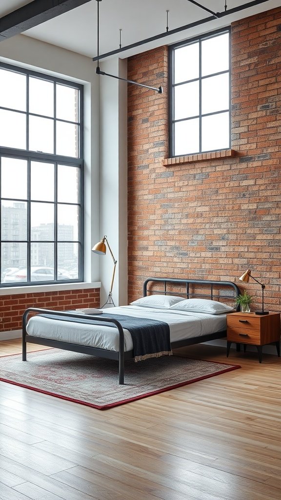 Minimalist industrial bedroom with a metal bed frame, wooden bedside table, and large windows