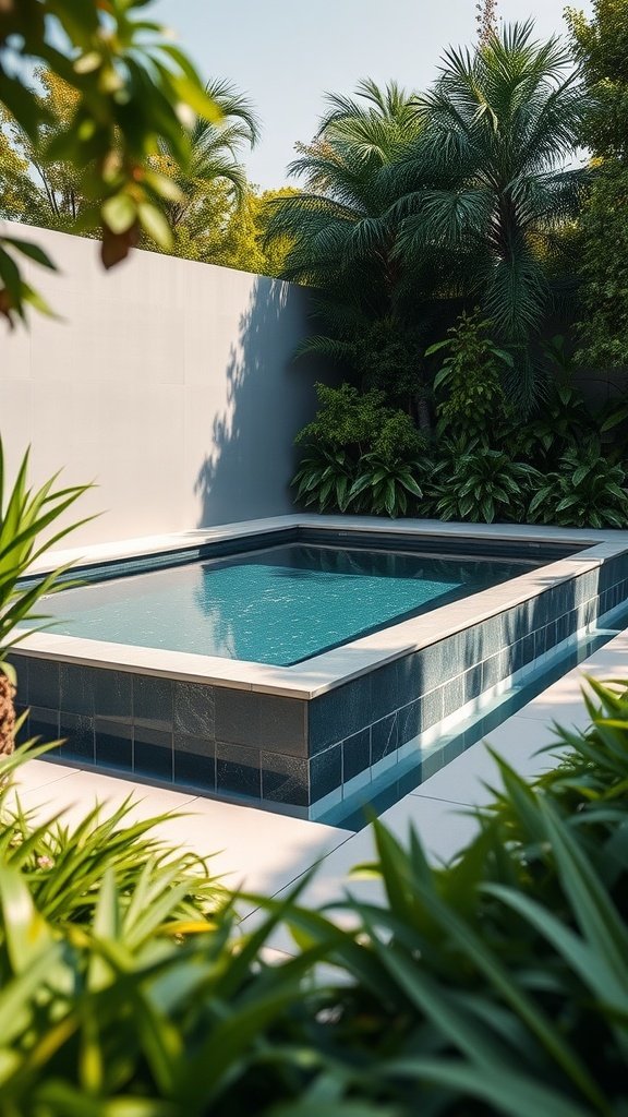 Simple and elegant in-ground swimming pool surrounded by lush greenery