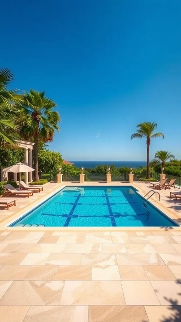 Luxury swimming pool with lounge chairs and umbrellas beside a deck overlooking the ocean