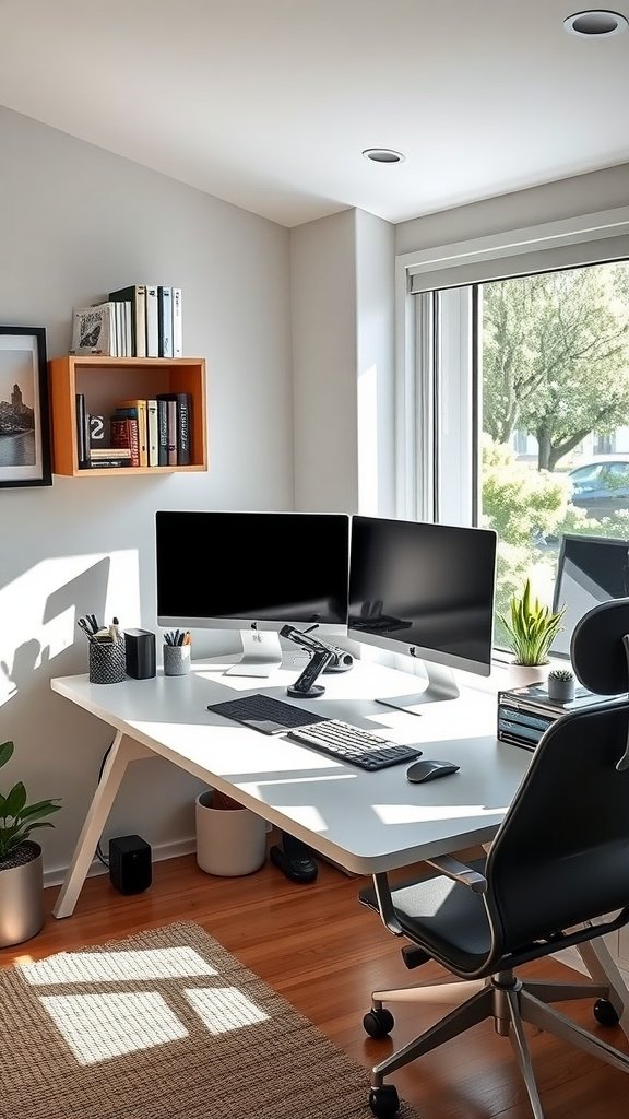 A modern small home office setup featuring a white desk with dual monitors, a keyboard, and a comfortable chair, illuminated by natural light from a window.