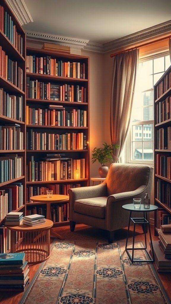 A cozy reading nook with bookshelves, an armchair, and warm lighting.