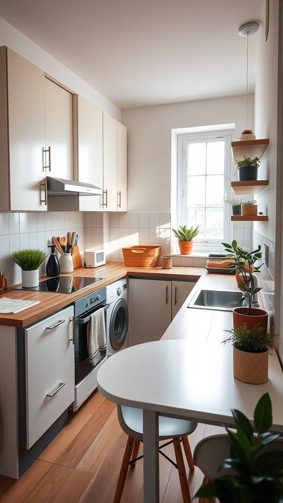Bright U-shaped small kitchen featuring light cabinets, wooden countertops, and plants.