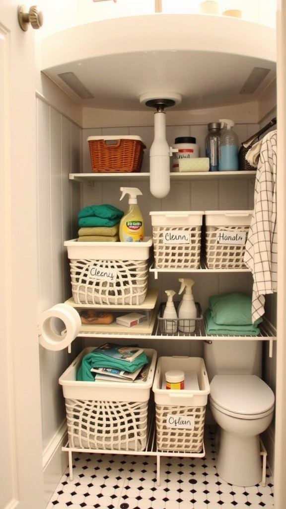 Organized under-sink storage area with baskets and cleaning supplies