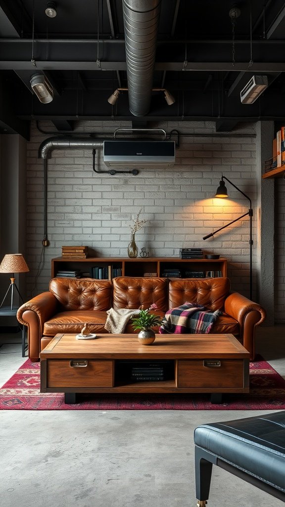 A stylish industrial living room featuring a leather sofa, wooden coffee table, and industrial decor elements.