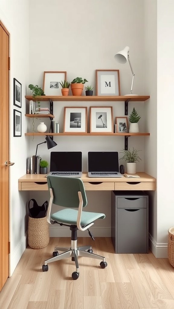 A small modern home office setup with a desk, two monitors, a chair, and decorative shelves.