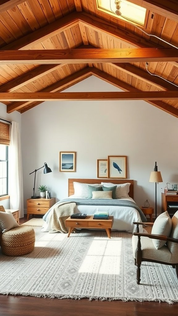 A cozy primary bedroom featuring exposed wood ceiling beams, a comfortable bed, and a reading nook.
