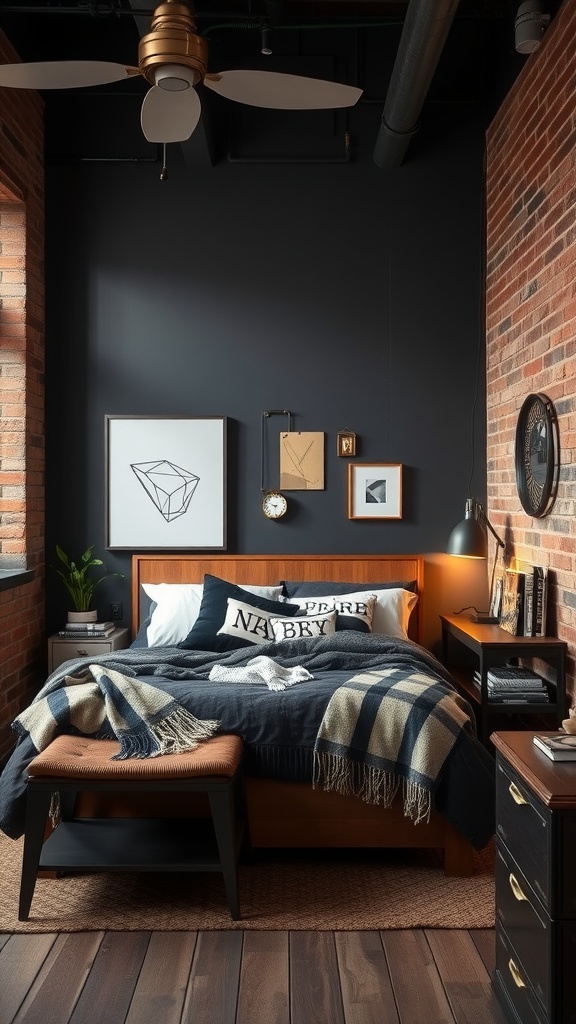An industrial-style primary bedroom featuring dark walls, exposed brick, and modern furniture.