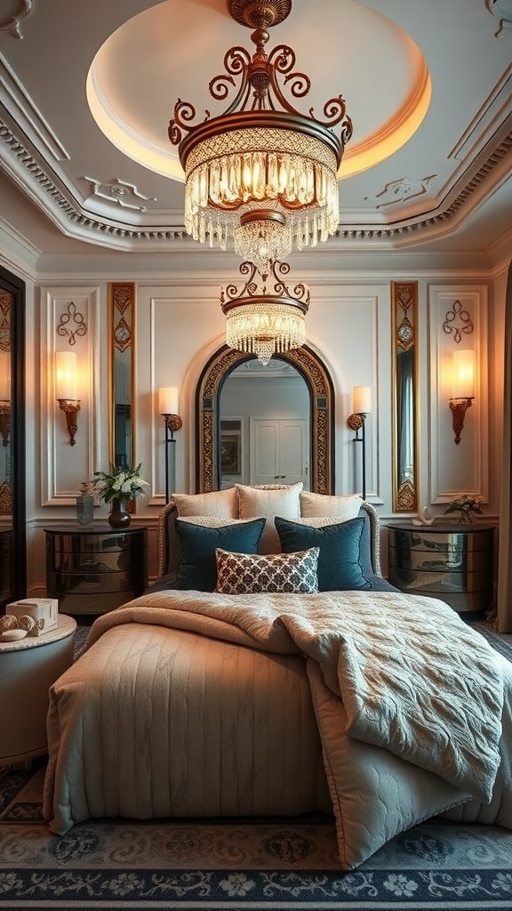 Luxury bedroom featuring a chandelier, plush bedding, and ornate decor.
