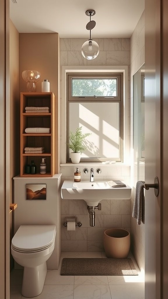 A small, well-designed bathroom featuring a sink, toilet, wooden shelf, and a potted plant.