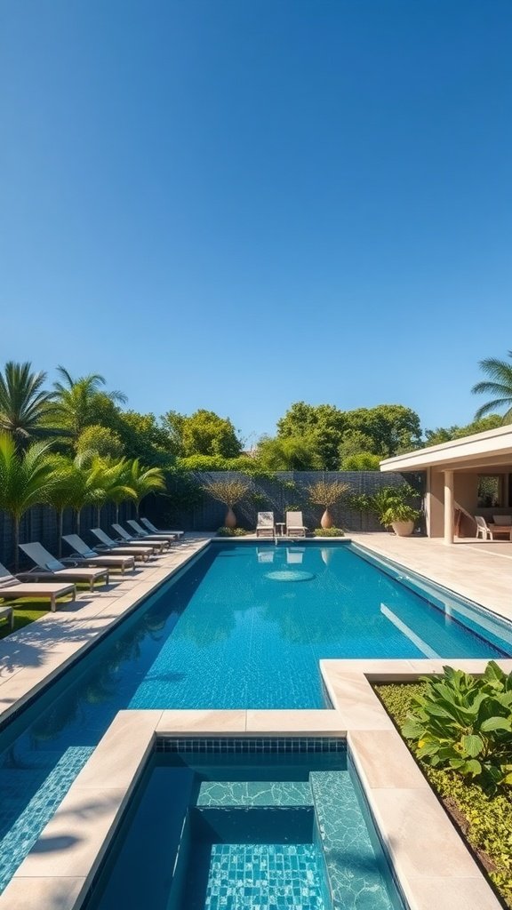 Luxury in-ground swimming pool with lounge chairs and greenery