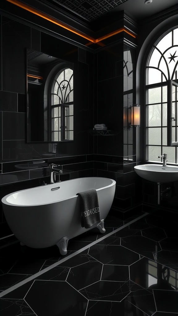 A luxurious black bathroom featuring an elegant freestanding tub, intricate black and white tiles, and warm lighting.