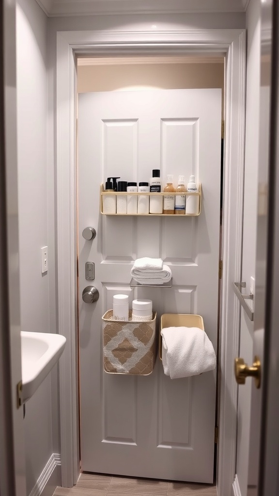 A back-of-the-door organizer in a small bathroom showcasing toiletries and towels