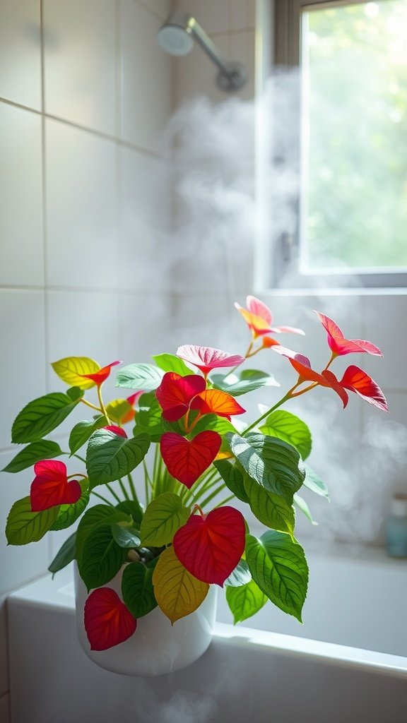 A vibrant Begonia Spp plant with red and green leaves situated in a steamy bathroom near a window.