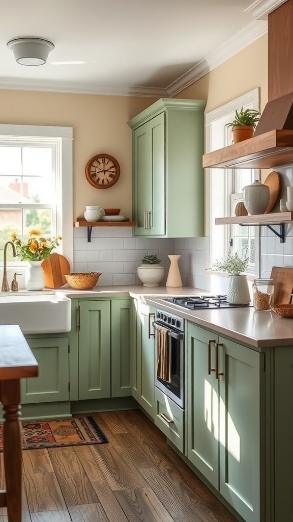 A warm kitchen featuring sage green cabinets paired with Benjamin Moore Rainy Afternoon color on the walls.