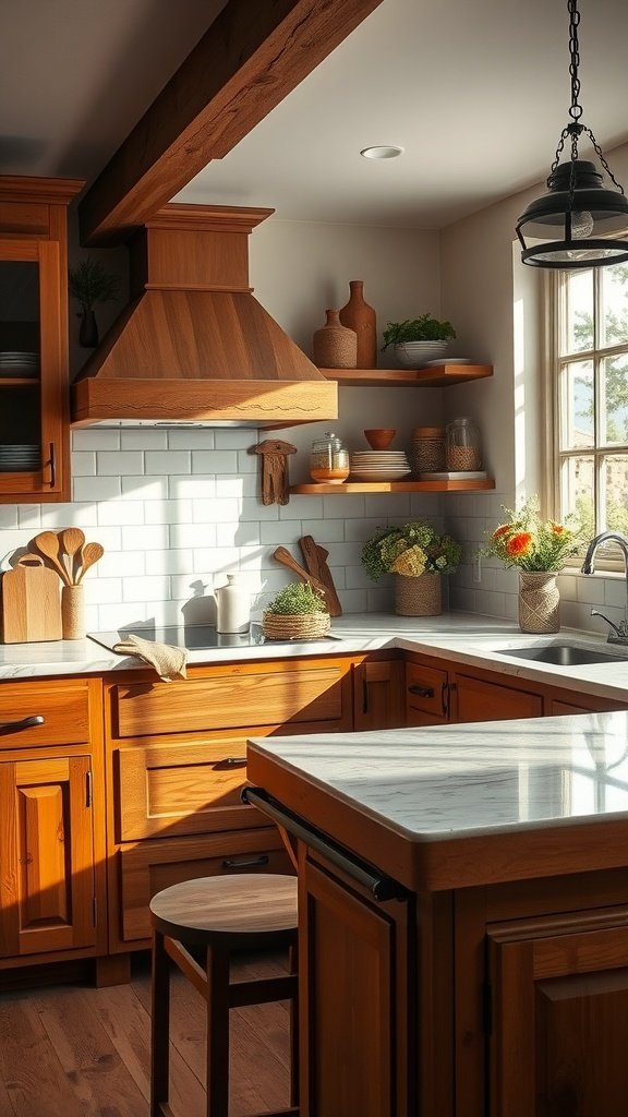 A rustic modern kitchen featuring a butcher block and marble countertop, wooden cabinets, and open shelves with decorative items.