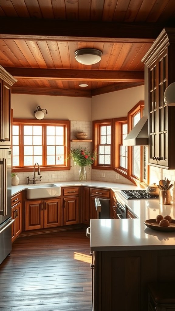 A U-shaped kitchen featuring wooden cabinets, modern appliances, and bright natural light.