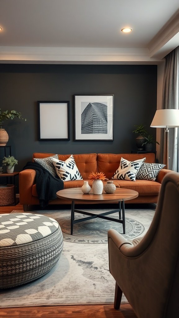 A stylish living room featuring a brown couch, black and white decor elements, and modern furnishings.
