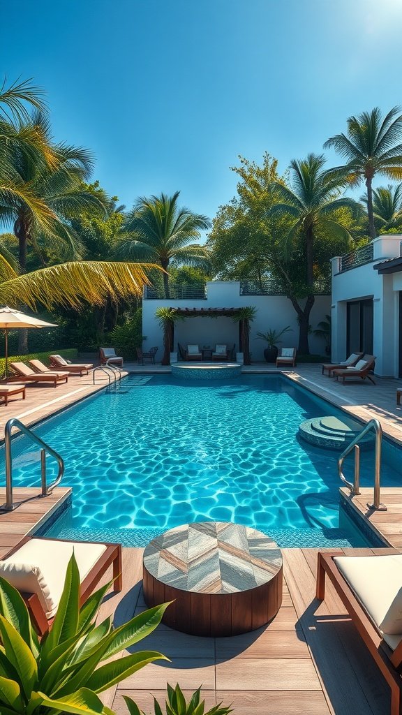 Luxurious swimming pool with clear water, surrounded by lush greenery and comfortable lounge chairs.