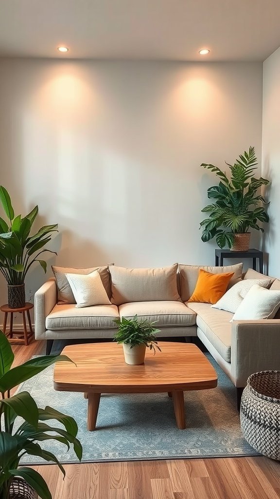 A cozy lounge area in an office featuring a beige couch, wooden coffee table, and indoor plants.