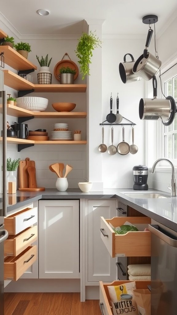 A modern kitchen with open shelving and organized drawers, showcasing efficient storage solutions.