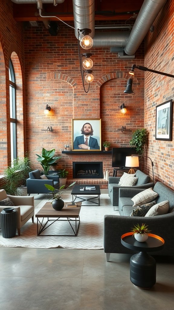 A stylish industrial living room showcasing exposed brick walls, modern furniture, and plants.
