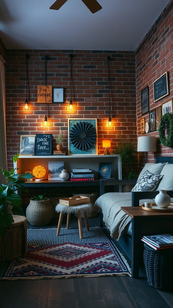 A cozy dark boho bedroom with an exposed brick wall, warm lighting, and stylish decor.