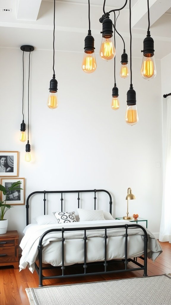 A modern industrial bedroom with hanging light fixtures and a black metal bed frame.
