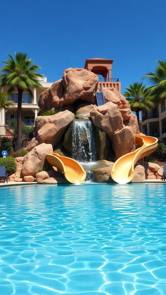 A luxury swimming pool with rock falls and yellow slides, surrounded by palm trees.