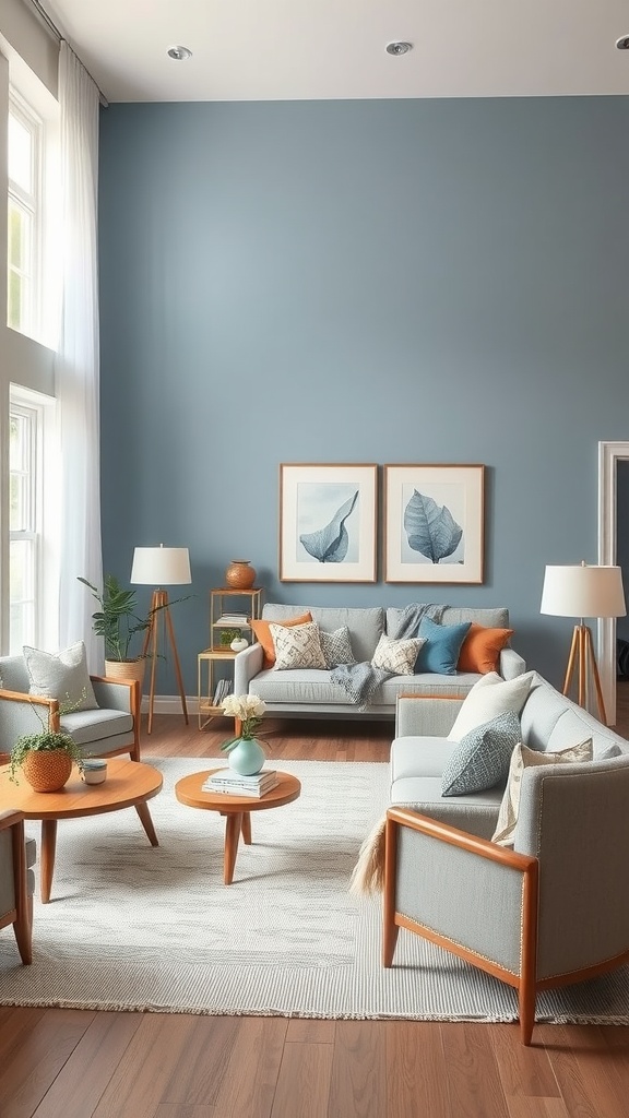 A stylish living room-dining room combo with blue walls, gray sofas, and wooden furniture.