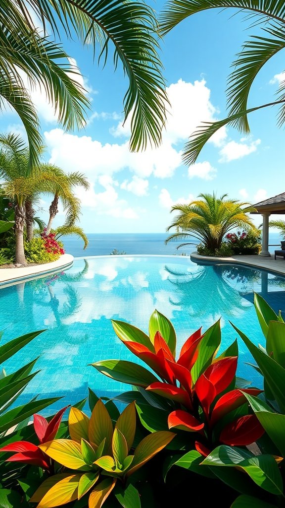 A luxurious swimming pool surrounded by vibrant tropical plants and a clear blue sky.