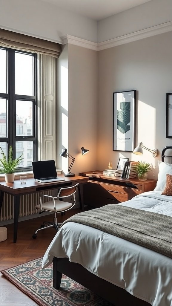 A stylish guest bedroom and home office combo featuring a desk with a laptop, modern chair, and cozy bed.