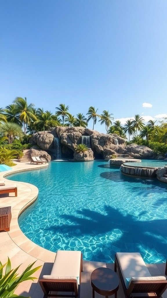 A beautiful lagoon swimming pool with rock formations and palm trees, featuring a waterfall and inviting blue water.