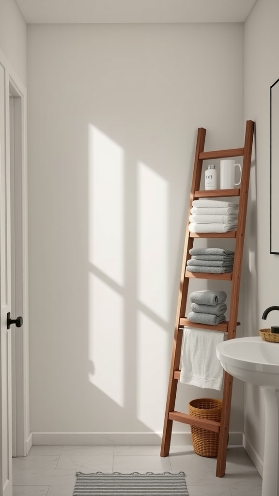 Wooden ladder towel rack in a bathroom, holding neatly folded towels and other decorative items