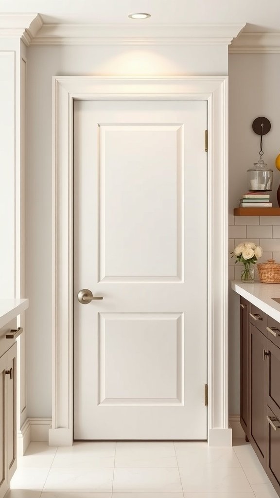 White pantry door with matching casing in a modern kitchen setting