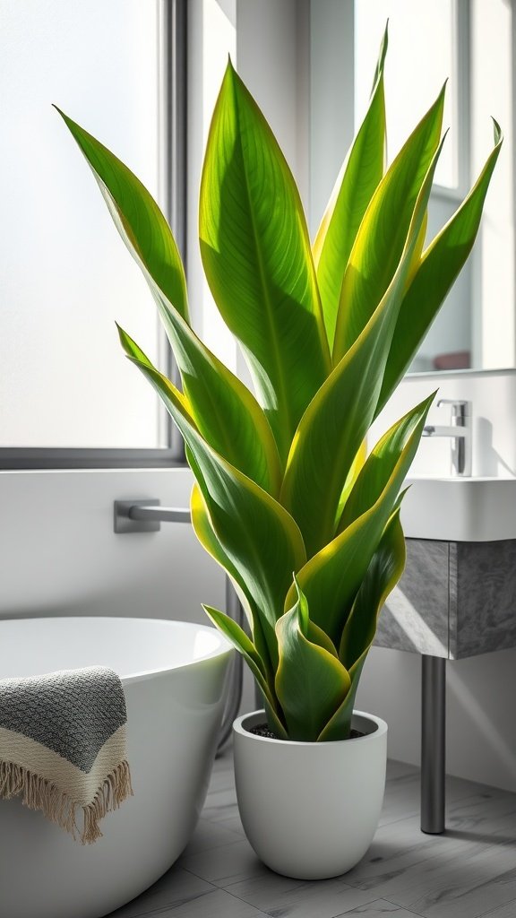 A tall Mother-In-Law’s Tongue plant with lush green leaves in a modern bathroom setting.