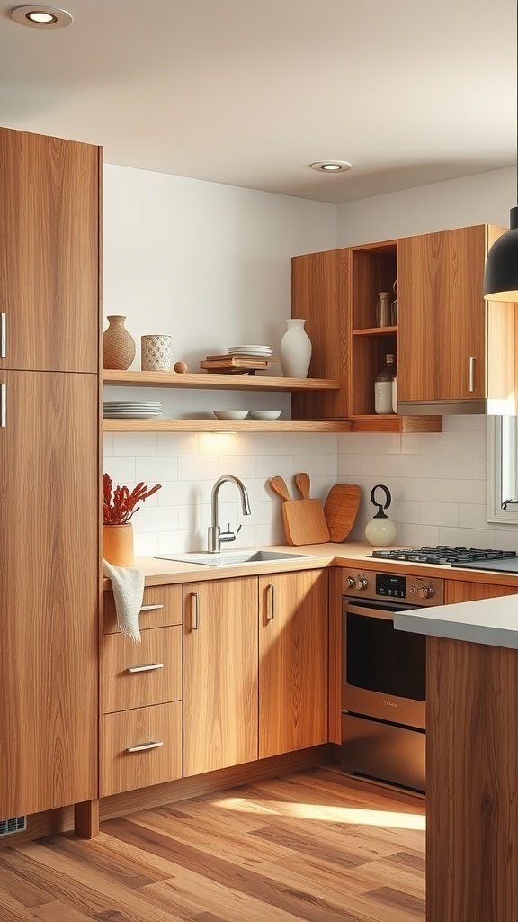Modern kitchen featuring natural wood cabinets, open shelving, and a sleek sink area.