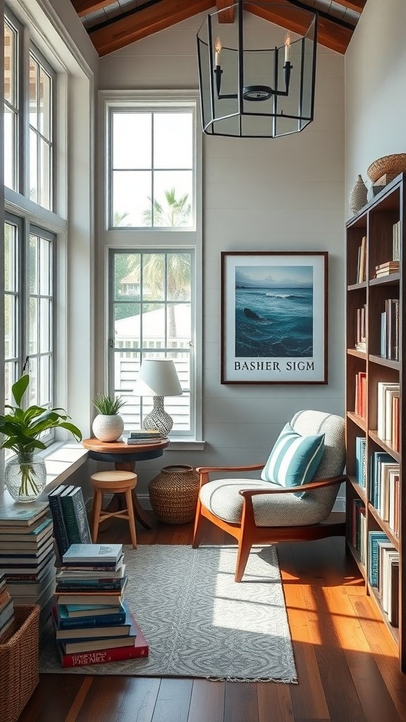 A cozy library nook with large windows, a comfortable chair, and bookshelves filled with books.