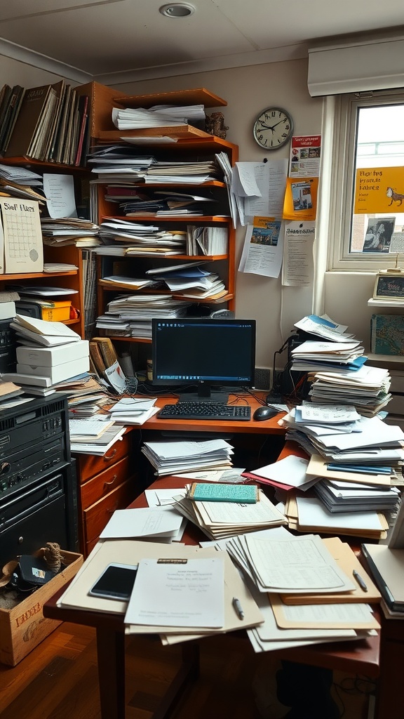A cluttered home office filled with papers and files, illustrating poor organization.