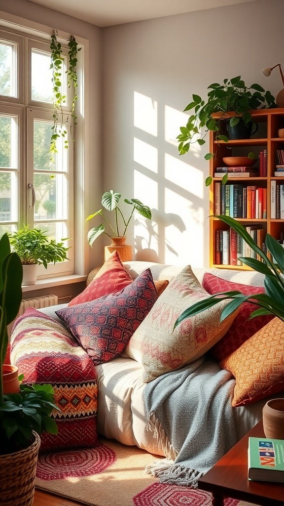 Cozy nook with colorful pillows and throws, featuring a sofa by a sunny window surrounded by plants.