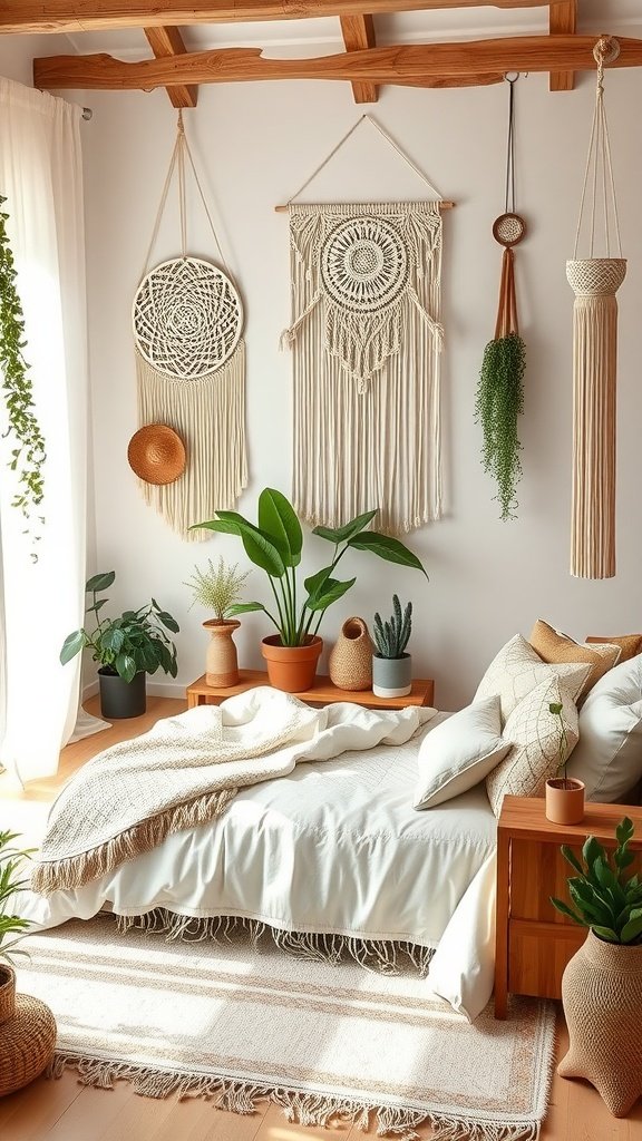 A cozy boho bedroom featuring a white bed with fringed edges, macrame wall hangings, and various indoor plants in terracotta pots.
