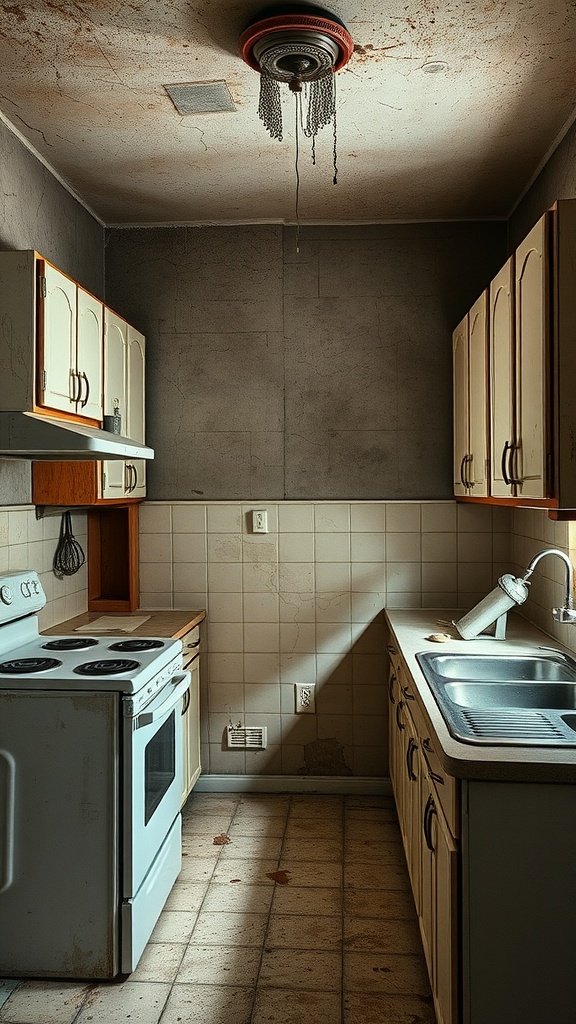 Before image of an outdated kitchen with dull walls and old appliances.