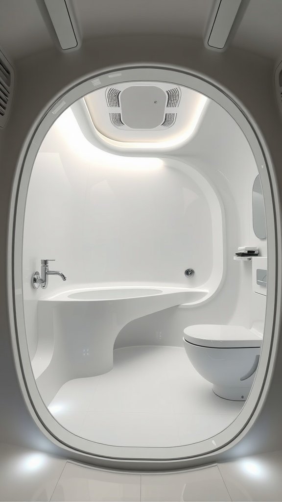 A futuristic pod-style bathroom with smooth curves and a sleek, all-white design.