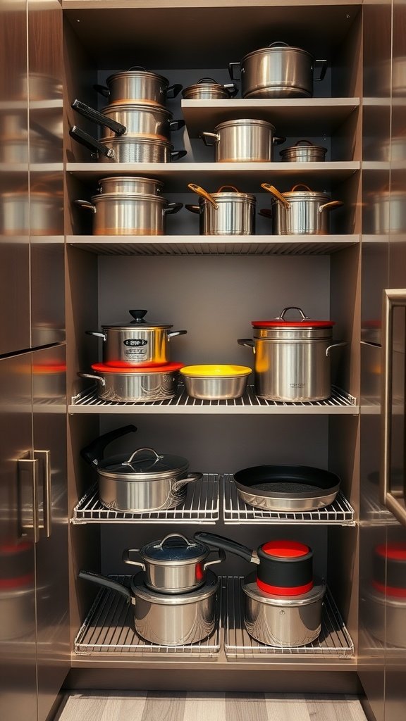Organized kitchen cabinet with stainless steel pots and pans neatly arranged on shelves.