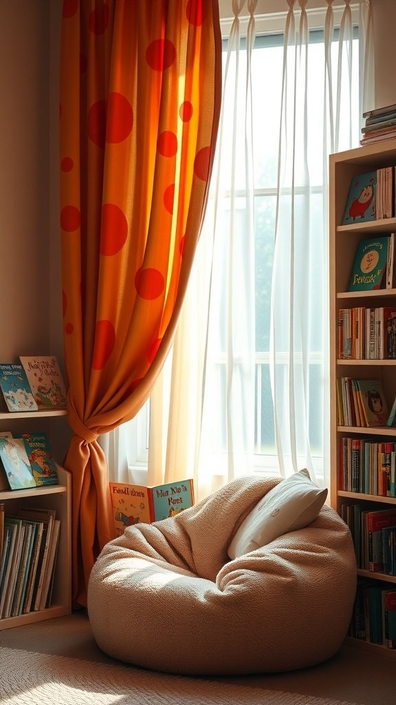 Cozy reading nook with a bean bag chair, bright orange polka dot curtains, and a bookshelf filled with children's books.