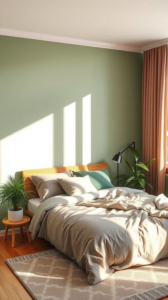 A serene bedroom featuring sage green walls, mauve curtains, and neutral bedding.