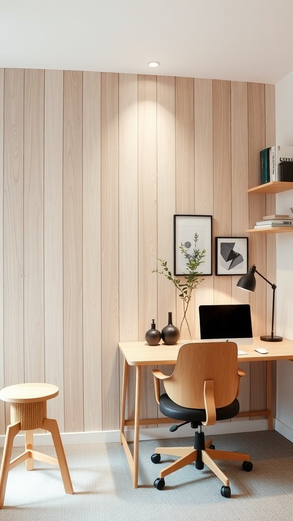 A cozy office space featuring light wood paneling, a wooden desk, and a stylish chair.