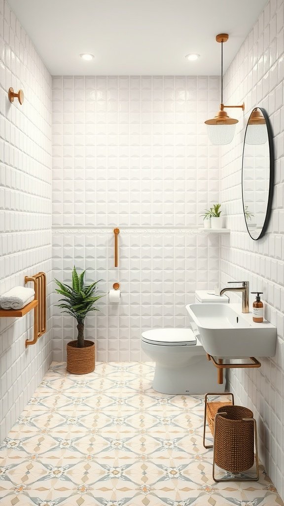 Scandinavian bathroom design with textured wall tiles, patterned floor tiles, modern fixtures, and a plant.