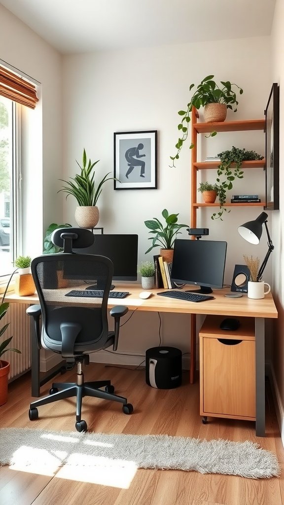 A shared corner desk setup in a small home office with two computer stations, plants, and natural light.
