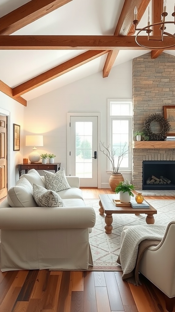 Modern farmhouse living room featuring a slipcovered sofa, wooden flooring, and a cozy atmosphere.