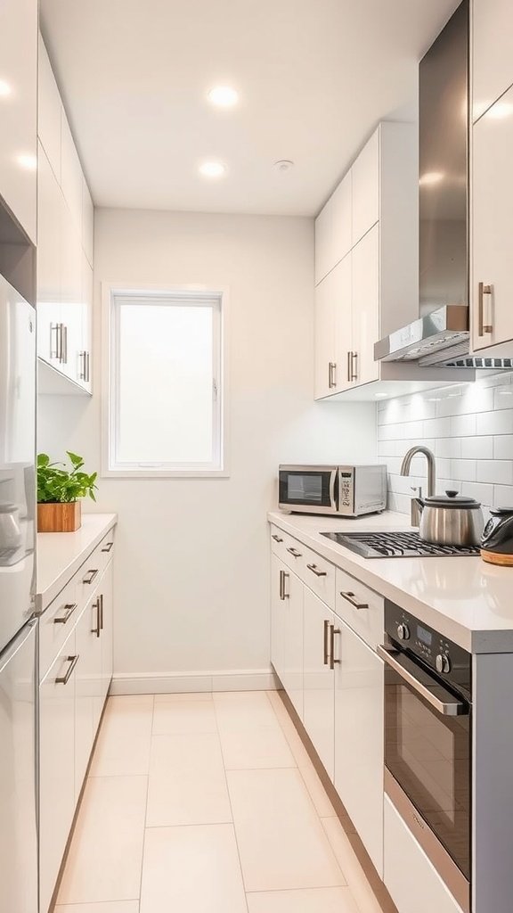 A modern small galley kitchen with white cabinetry and a window